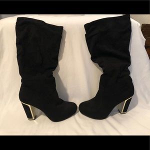 Black Sued Boots w/Gold Heal - 12w (WIDE calf)